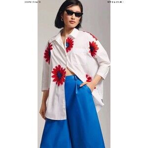 Anthropologie Maeve Alameda Buttondown Woman XS-S Shirt Floral Embroidery Beaded